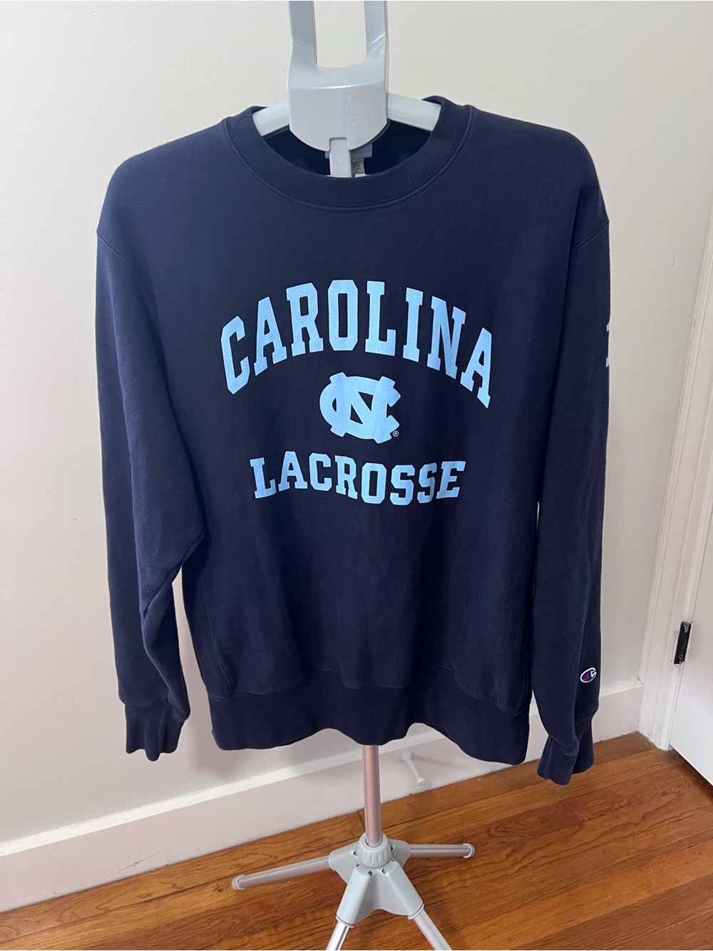 Champion Navy Crewneck with Light Blue Carolina Lacrosse Logo